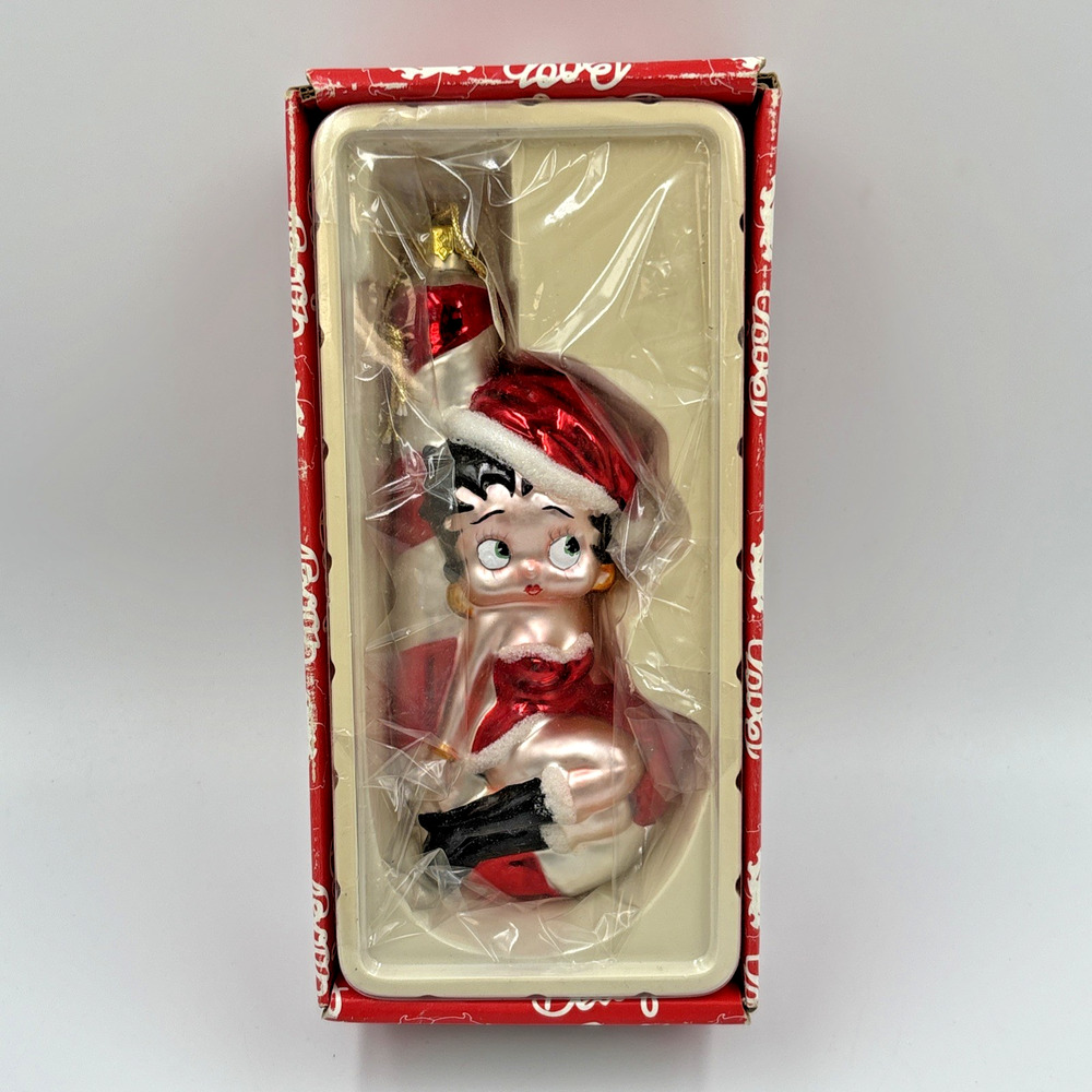 1999 Betty Boop Sitting on Candy Cane Glass Ornament by Bright Ideas NIB